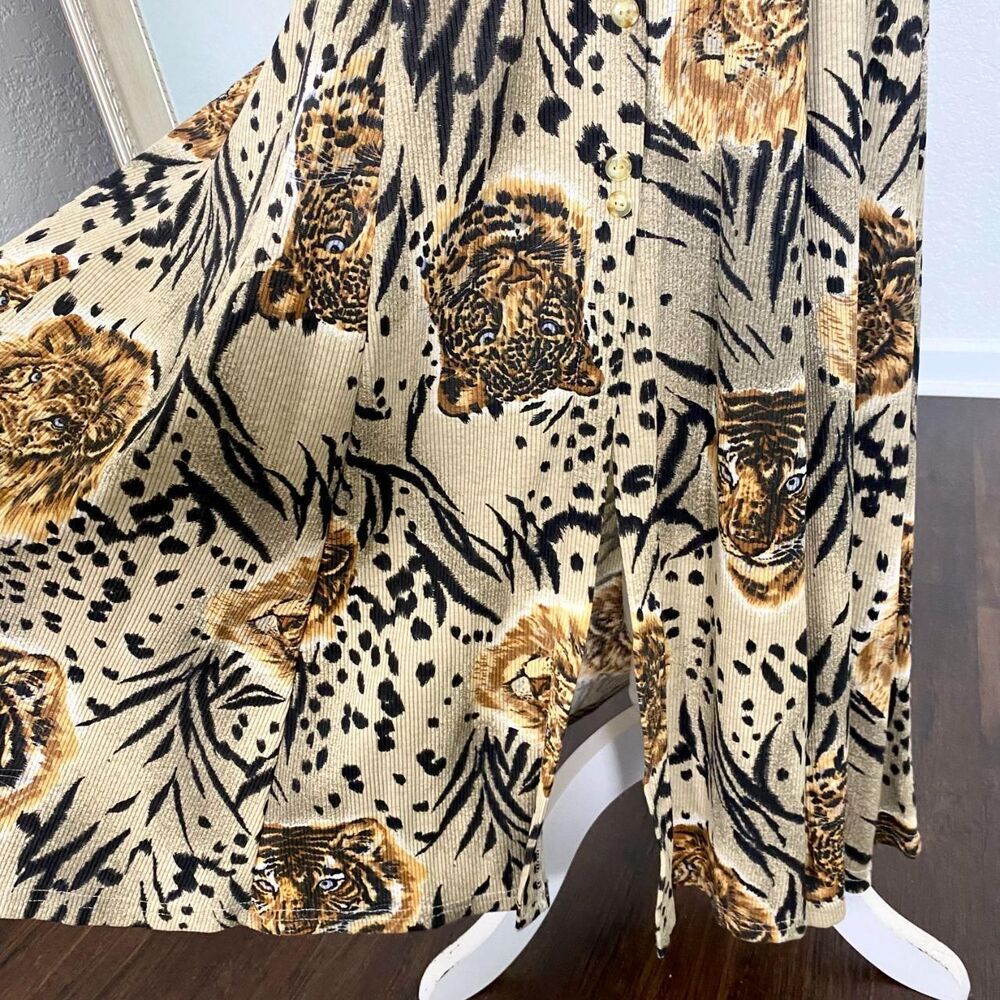 Vintage La Fete Ribbed Button Front Midi Dress Lion Tiger Portrait Print S - Picture 4 of 8